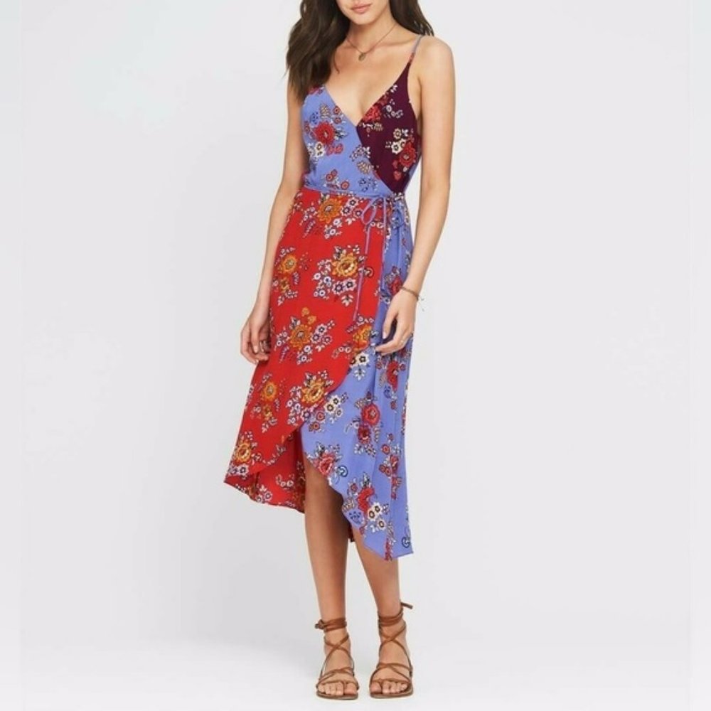 TIGERLILY Stevie Patchwork Purple Lilac Red Floral Wrap Midi Dress